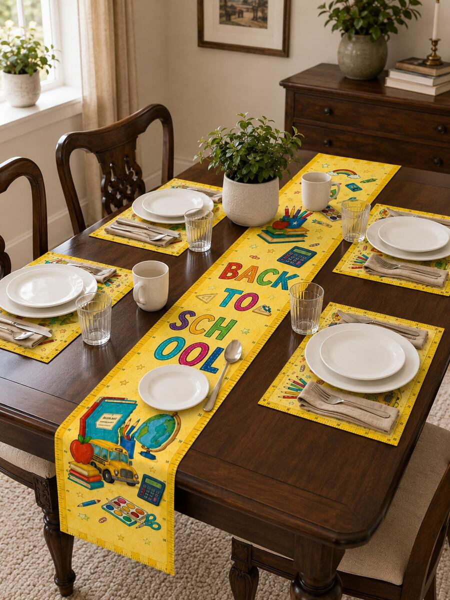 1 pieza - Camino de mesa de temporada escolar con manteles individuales a juego, decoración de mesa con estampado de libros, manzana y autobús amarillo brillante, juego de comedor de vuelta al colegio para cocina, aula y fiesta - Multicolor - Ver 1