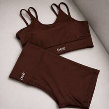 Women's Gym Set In Suplex Polyamide Top And Shorts With Elastic High Waist - Bee - 巧克力棕 - 查看 1