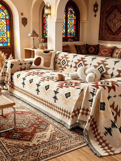 1pc Bohemian Geometric Tassel Sofa Throw, Scratch-Resistant All-Season Full Coverage Sofa Cover, Living Room Multi-Functional Decorative Sofa Blanket, Machine Washable Pet-Friendly Furniture Protector, Suitable For Living Room, Bedroom, Home Decor, 1/2/3/4 And Combination Sofas, Gift For Women, Personalized Gift