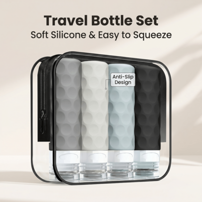 Conjunto de 4 garrafas de viagem para artigos de higiene, garrafas de viagem TSA aprovadas de 3 oz, recipientes de viagem à prova de fugas, acessórios de viagem recarregáveis, inclui bolsa para champô e líquidos de higiene