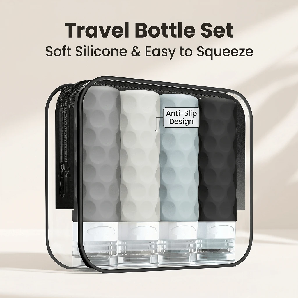 4pcs/Set Travel Toiletry Bottles, TSA Approved 3oz Travel Bottles, Leak-Proof Travel Toiletry ConTrainers, Refillable Travel Accessories, Includes Shampoo Liquid Toiletry Bag, Perfume Refillable Bottle