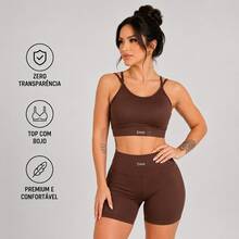 Women's Gym Set In Suplex Polyamide Top And Shorts With Elastic High Waist - Bee - 巧克力棕 - 查看 2