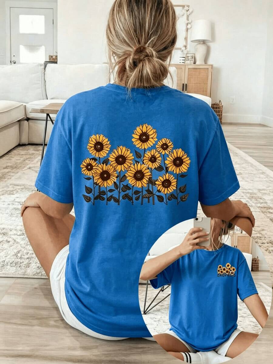 Women's Cotton T-Shirt, Round Neck, Short Sleeves, With Sunflower Print. Breathable, Comfortable, Casual And Bohemian Style, Ideal For Spring And Summer, Everyday Wear. - 藍色 - 查看 1
