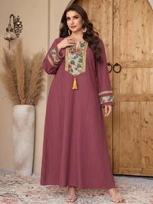 Elegant Vintage Chic Commuter Daily Gathering Heavy Embroidery Long Dress - Burgundy - View 1