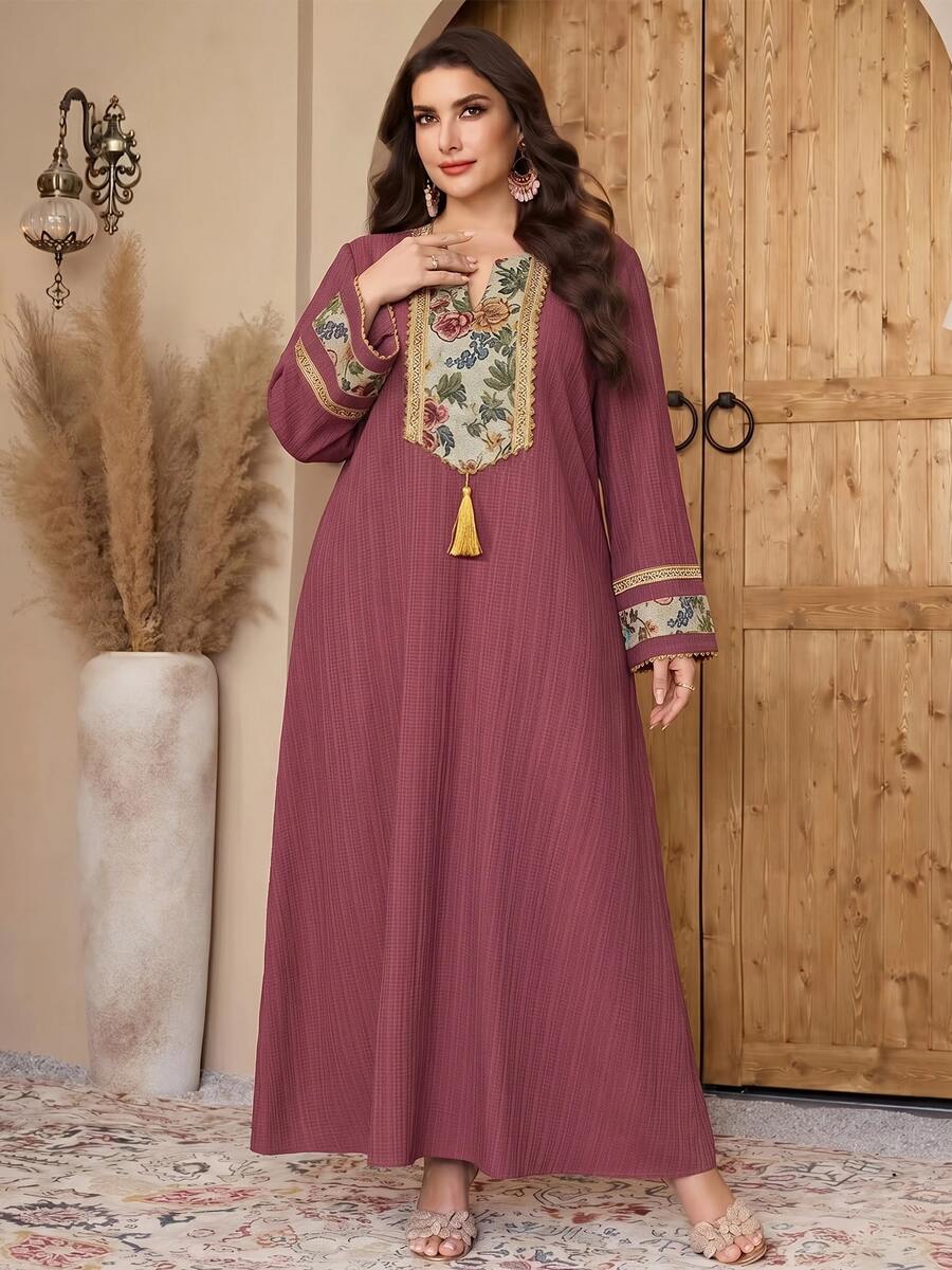 Elegant Vintage Chic Commuter Daily Gathering Heavy Embroidery Long Dress - Burgundy - View 1