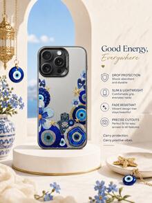1pc Blue & Gold Evil Eye Fatima Hand Phone Case Compatible With IPhone 17/16/15/14/13/12/11 Pro Max Series, Fashionable Waterproof Anti-Drop Full Coverage Soft Shell - Multicolor - View 5
