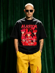 Men's Summer Casual Soft Round Neck Short Sleeve-Shirt,Red Cartoon Demon Print Graphic Daily Wear. - 黑色 - 查看 3