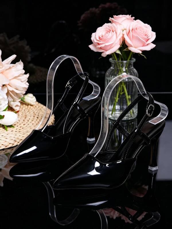 1 Pair Plus Size Closed Toe Heel Sandals, Shiny Mirror PU Material, Pointed Toe Stiletto Heel Platform Wedge Sandals With Buckle Design, Fashionable Elegant Style, Suitable For Daily Shopping, Holiday, Party, Outdoor Wear, Spring/Summer New Arrival