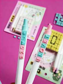 4PCS DIY Letter Building Block Gel Pen, 0.5mm Fine Point Retractable Black Ink Pen With Customizable Alphabet Blocks, Creative Block Puzzle Decorative Stationery For Journaling & Note Taking, Back To School Gift - Multicolor - View 5