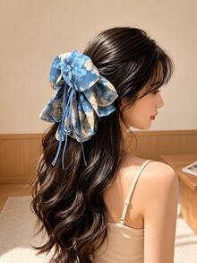 topshiny 1pc Women's Large Floral Print Flower Bow Ponytail Claw Clip, Layered Fabric Hair Clip With Long Ribbon Tail, Elegant Ponytail Hair Accessory - Multicolor - View 8