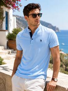 Men's Knight Print Short Sleeve Casual Commuter Polo Shirt - Baby Blue - View 2