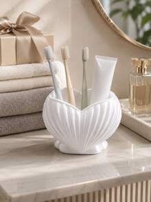 1pc White Pearl Luster Shell Shaped Toothbrush Holder, Modern Bathroom Countertop Toothbrush & Toothpaste Storage Rack, Cute Vanity Oral Care Storage Cup, Decorative Sink Accessory, Toothbrush Holder, Bathroom Accessory - Multicolor - View 7
