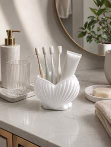 1pc White Pearl Luster Shell Shaped Toothbrush Holder, Modern Bathroom Countertop Toothbrush & Toothpaste Storage Rack, Cute Vanity Oral Care Storage Cup, Decorative Sink Accessory, Toothbrush Holder, Bathroom Accessory - Multicolor - View 5