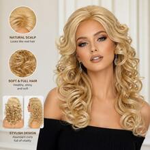18-Inch Long Curly Wig, Gold Bangs Style, 1pc, 150% High Density Heat-Resistant Fiber, Breathable Rose Net Cap, Suitable For Daily Wear And Halloween Parties - Gold - View 3