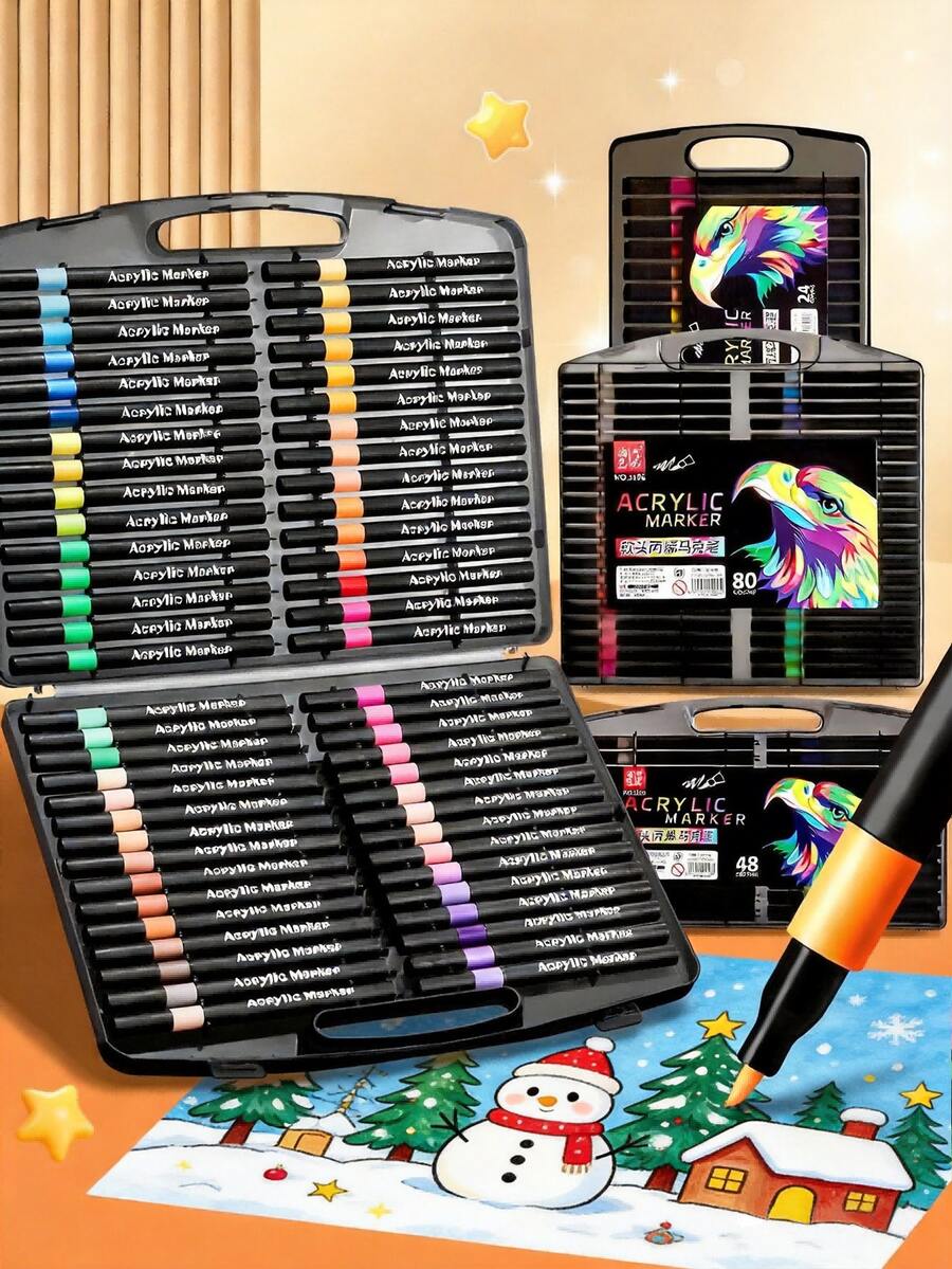 12/24/48/60/80 Colors Artist Acrylic Markers, Fine Tip, Waterproof Painting Pens, Suitable For Stone, Glass, Ceramic, Painting, B, First Day Of School - Multicolor - View 1