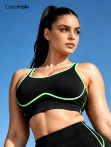 Plus Size Women Seamless Wireless Low U-Neck Patchwork Yoga Sports Bra Top Summer - Black/Green - View 12