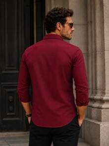 Camisa casual de manga larga de un solo pecho de unicolor para hombre - Burdeos - Ver 3
