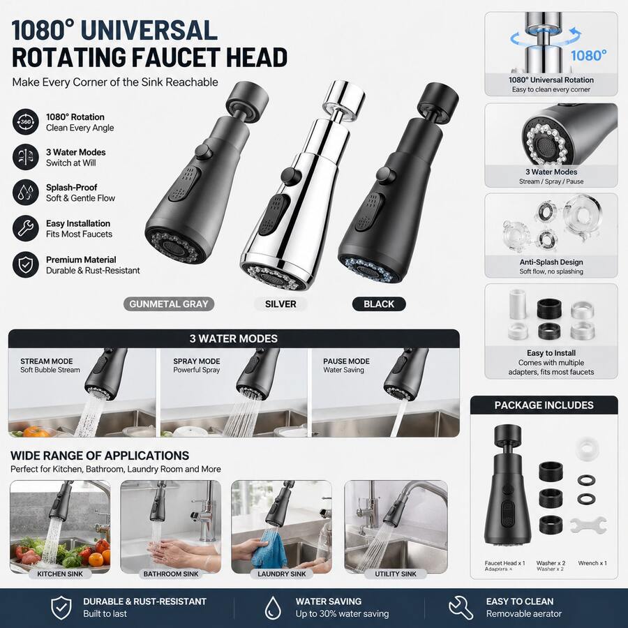 Ekstensi Keran Universal, Aksesori Ekstensi Keran Anti Percikan, Cocok untuk Wastafel Dapur, Adaptor Keran Berputar 360 Derajat - MultiWarna - View 1