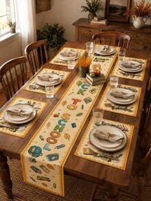 1pc-Back To School Table Runner And Placemats Set, Yellow Alphabet School Supplies Print Dining Decor, Farmhouse Kitchen Table Mats For Fall Classroom Party Home Decoration - Multicolor - View 1