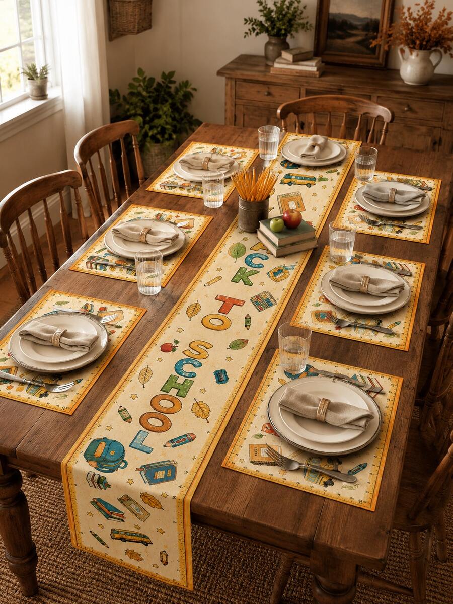 1pc-Back To School Table Runner And Placemats Set, Yellow Alphabet School Supplies Print Dining Decor, Farmhouse Kitchen Table Mats For Fall Classroom Party Home Decoration - Multicolor - View 1