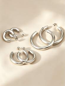 6pcs Set Minimalist Stainless Steel Rings And Earrings, Suitable For Women - Silver - View 2
