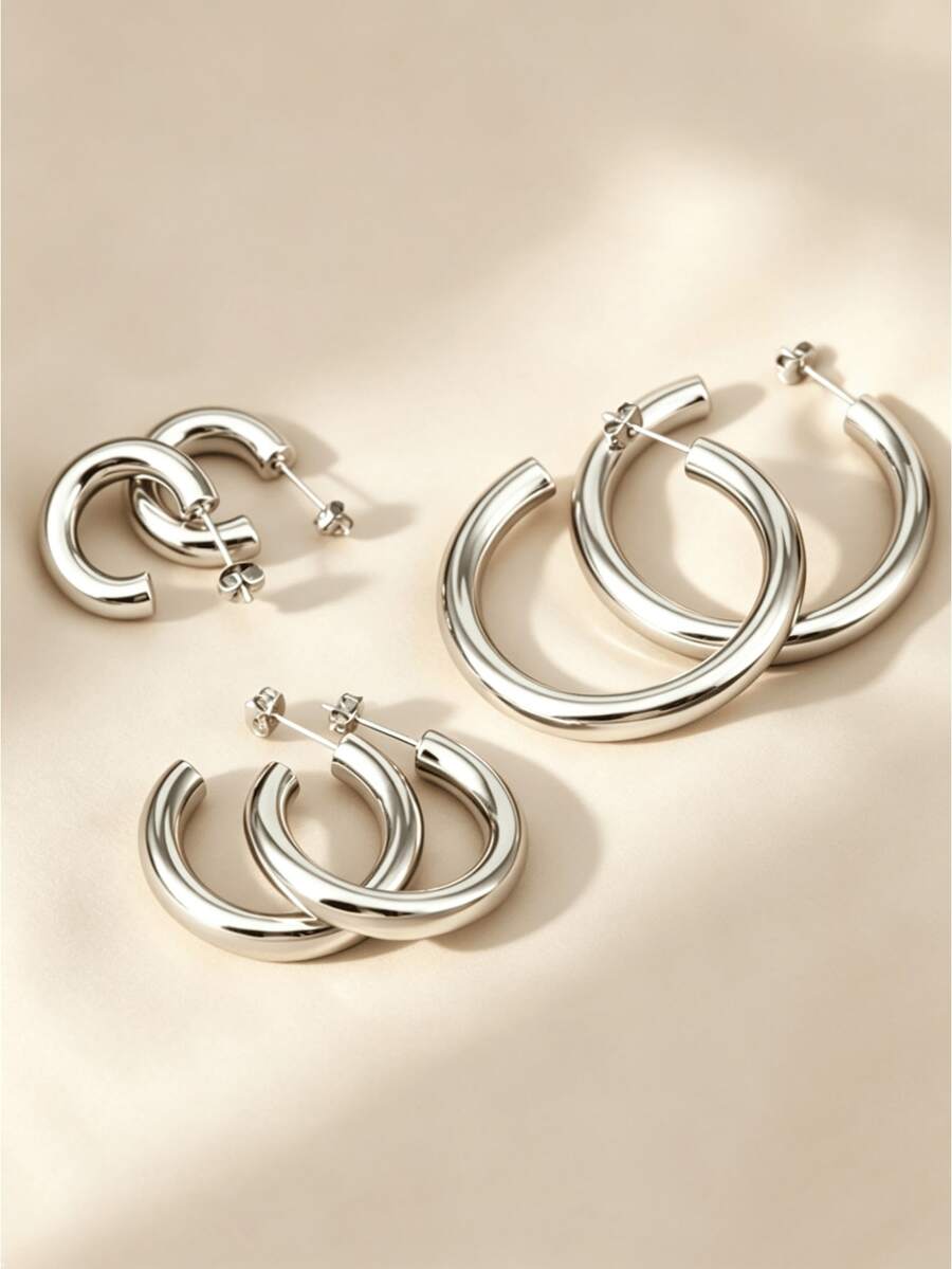6pcs Set Minimalist Stainless Steel Rings And Earrings, Suitable For Women - Silver - View 1