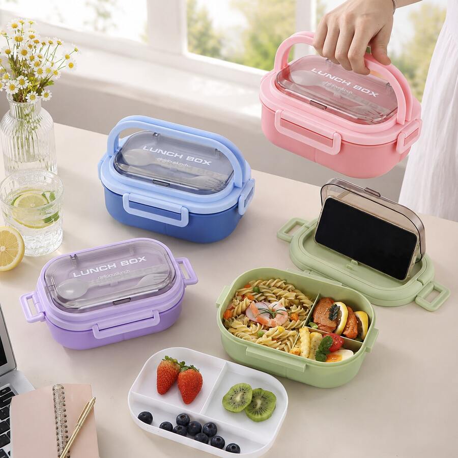 1pc Compartment Sealed Bento Box With Utensils, Multipurpose Food Container Suitable For Pastries, Snacks, Breakfast, Lunch. Portable Insulated Lunch Box, 4 Colors Available. Suitable For Office, Students And Travel