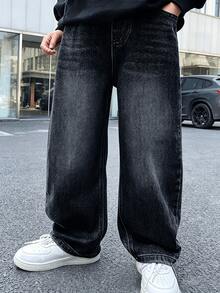 Tween Boys' 2026 New Straight Leg Denim Jeans, Autumn Long Pants - Black - View 11