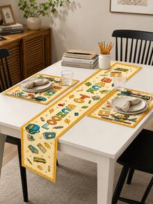1pc-Back To School Table Runner And Placemats Set, Yellow Alphabet School Supplies Print Dining Decor, Farmhouse Kitchen Table Mats For Fall Classroom Party Home Decoration - Multicolor - View 9