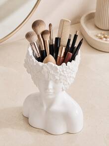 French Style Glossy White Floral Relief Bust Resin Storage Box, Multi-Functional Makeup Brush Holder, Pen Holder And Dried Flower Vase, Vanity Decor, Artistic Birthday Gift For Her - Face Storage - View 5