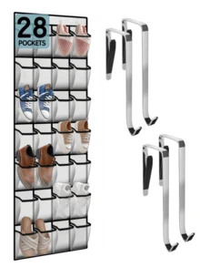 LMMAKE Hanging Shoe Rack With 28 Pockets & 4 Metal Hooks, Hangs Behind Door/Closet For Shoes & Sundries, Ideal For Small Apartments & Rentals. - 黑色 - 查看 1