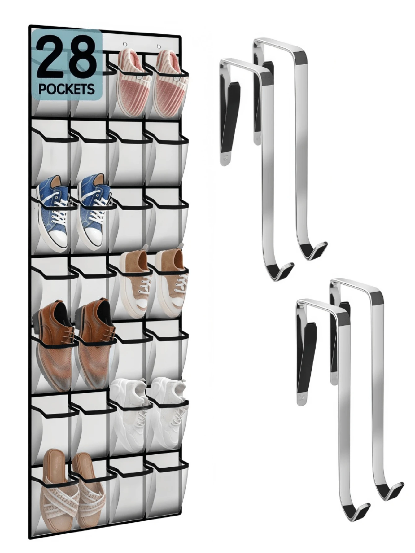 LMMAKE Hanging Shoe Rack With 28 Pockets & 4 Metal Hooks, Hangs Behind Door/Closet For Shoes & Sundries, Ideal For Small Apartments & Rentals. - 黑色 - 查看 1