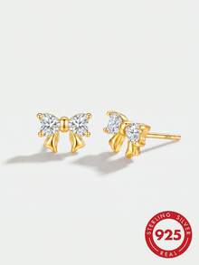 925 Sterling Silver Butterfly Stud Earrings With Cubic Zirconia, 4 Colors Cute Heart-Shaped Butterfly Earrings, Hypoallergenic Jewelry Gift For Women, Valentine's Day Present - Gold - View 1
