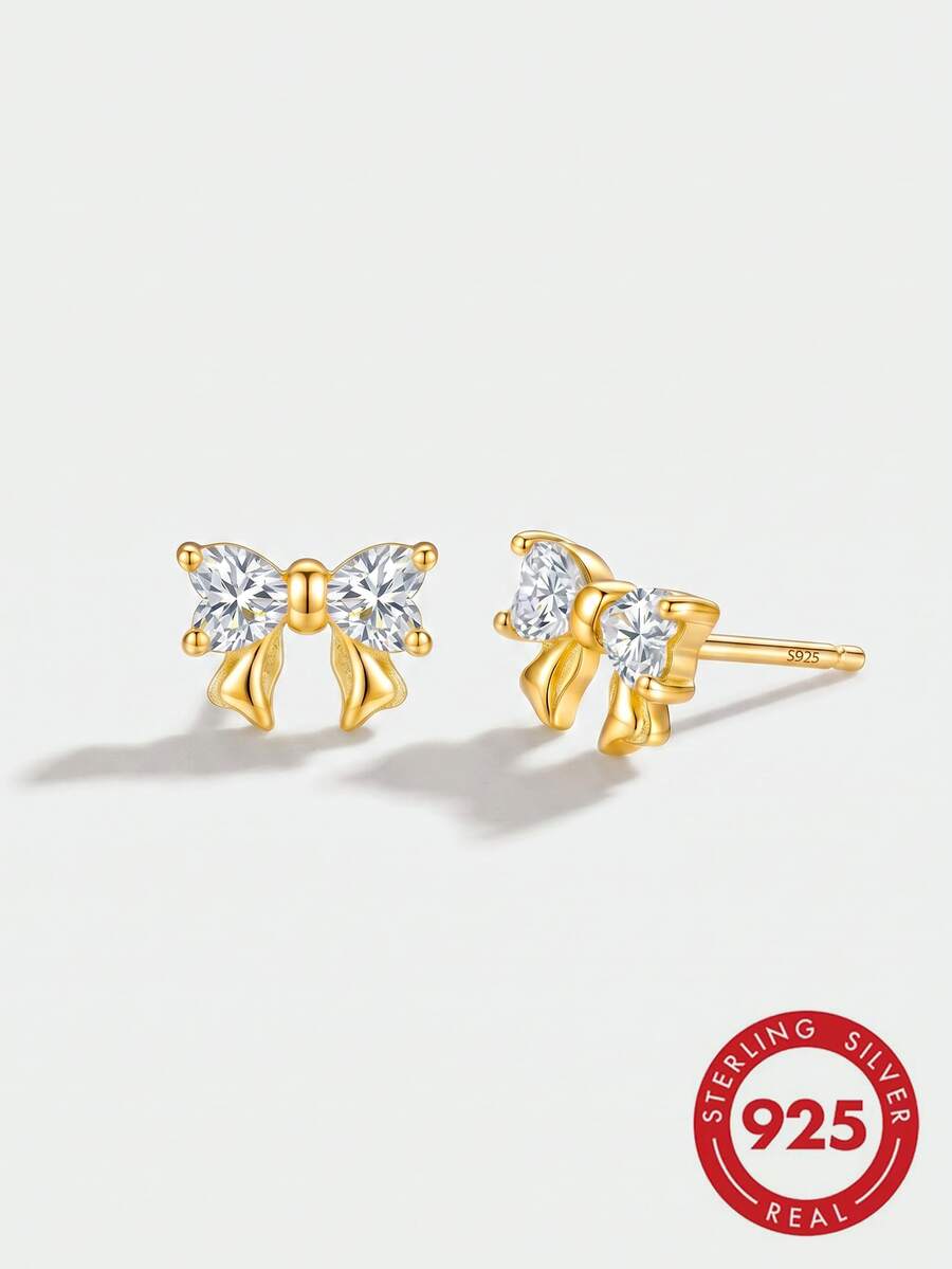 925 Sterling Silver Butterfly Stud Earrings With Cubic Zirconia, 4 Colors Cute Heart-Shaped Butterfly Earrings, Hypoallergenic Jewelry Gift For Women, Valentine's Day Present - Gold - View 1