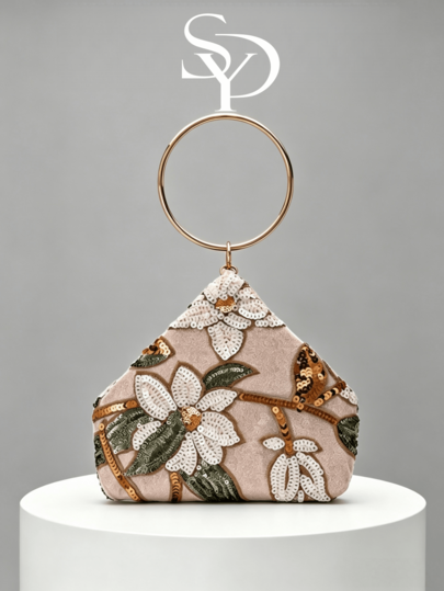 1pc Light Pink 3D Floral Beaded Sequin Evening Bag With Metal O-Ring Handle, Triangle Clutch, Women's Wedding Bridal Party Formal Handbag