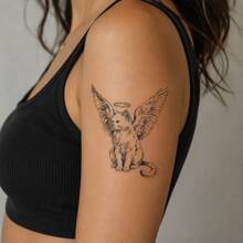 1pc Waterproof Anti-Rub PVC Realistic Angel Cat Tattoo Sticker, Suitable For Daily Wear - Grey - View 1