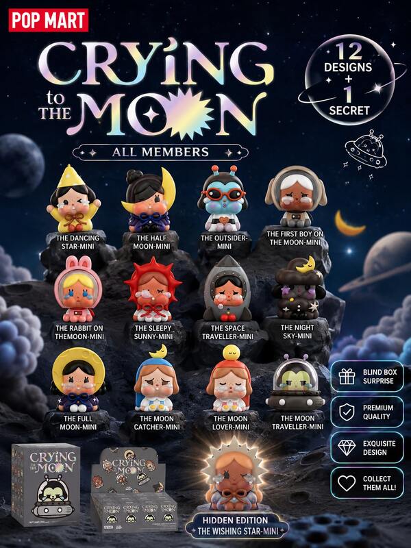 Hộp bí ẩn POP MART CRYBABY Crying To The Moon Series, bao gồm 12 phiên bản thường + 1 phiên bản bí mật, với các tượng thiên thể ngồi cùng mặt trăng và phi hành gia, được làm từ chất liệu PVC/ABS chất lượng cao, thiết kế nghệ thuật đầy cảm xúc, vật trang trí bàn làm việc chi tiết và dễ thương cho nhà hoặc văn phòng, món quà lý tưởng cho người hâm mộ CRYBABY, những người yêu thích thẩm mỹ thiên thể, quà sinh nhật và kỷ niệm, mô hình điêu khắc mini có giá trị sưu tầm cao.