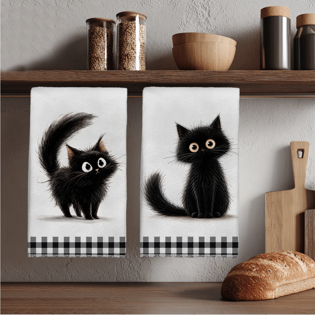 MEMNUN 2pcs Black & White Plaid Fluffy Black Cat Cartoon Long Hair Cat Print Kitchen Towels Dish Towels 40*60cm/45*70cm Super Soft Microfiber Modern Dish Cloths, Hand Towels, Home Decor, Kitchen Decor Cooking Baking Tea Towels Hand Towels Kitchen Accessories Machine Washable Cleaning Supplies Suitable For Restaurant Kitchen Holiday Decoration And Gifts All Seasons - Multicolor - View 1