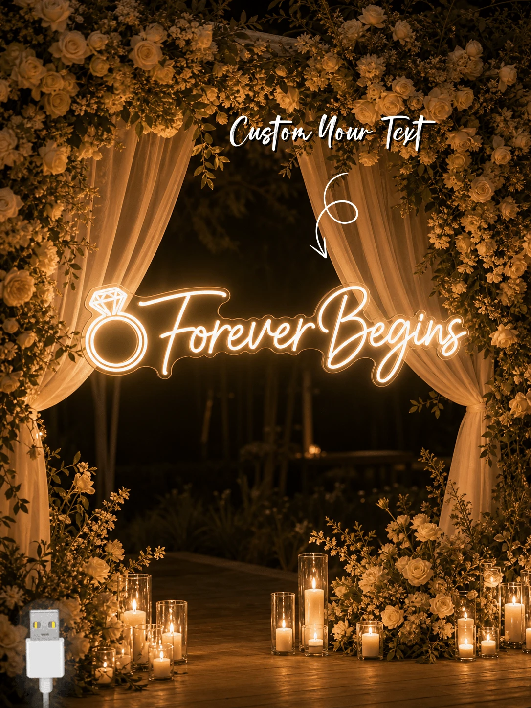 Custom Forever Begins Neon Sign With Diamond Ring, Wedding & Engagement Decor - Multicolor - View 1