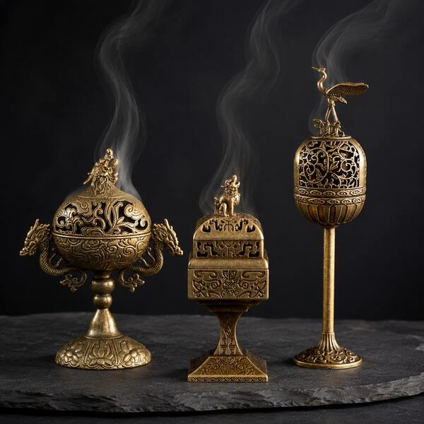 Mini Antique Brass Incense Burner, Vintage Hollow Carved Dragon & Crane Incense Burner With Lid, Feng Shui Incense Coil Holder, Chinese Buddhist Meditation Zen Home Office Tea Room Decor, Spiritual Ornament, Copper Bronze Vintage Gift Decorative Collectible