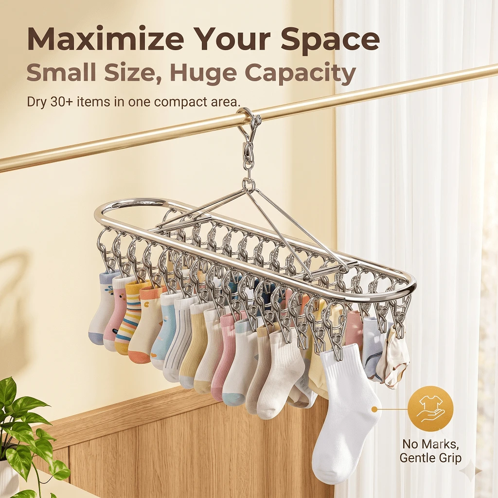 1pc Stainless Steel Oval Curved Multi-Clip Drying Rack With Multi-Functional Underwear And Socks Hanger For Home Laundry Organization And Storage Solutions - View 1