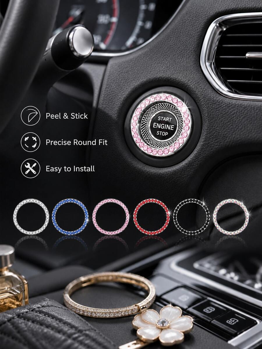 Shiny Car Engine Start Stop Button Ring, Crystal Rhinestone One-Touch Start Button Cover, Car Interior Decoration Accessories For Women And Girls, Key Ignition Starter And Knob Shiny Ring, Shiny Car Decoration Accessories, 6 Colors, Universal Fit