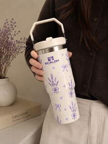 1 pieza Vaso aislado de mano SCALON de 30oz/900ML con estampado de lavanda en color blanco crema, vaso de acero inoxidable de gran capacidad para coche con pajita, taza de café helado a prueba de fugas, botella de vacío aislada de doble efecto para caliente y frío con tapa y pajita, estilo de alto valor para mujeres, termo universal de vacío con tapa y pajita para desplazamientos/exterior/regalo - Multicolor - Ver 2