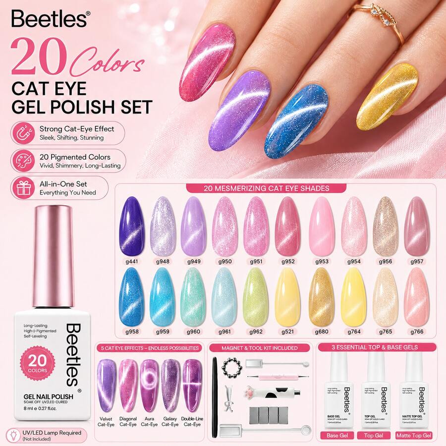 Beetles 8ML 20 Colors Gel Nail Polish Set, Nude Pink Green Blue Red Cat Eye UV Gel Polish With Base & Top Coat, All Season Manicure Kit For Beginners DIY Nail Art Home Gifts For Women - 20 Colors 8ml Honeyed Light - 查看 1