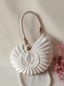New Handmade Woven Minimalist Shell Handbag, Milky White - Beige - View 7