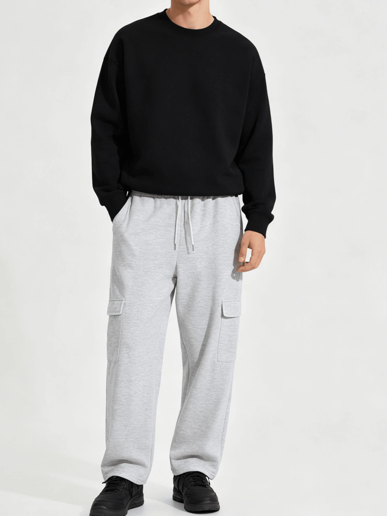 Men's Casual Solid Color Multi-Pocket Cargo Pants With Elastic Drawstring Waist Sports Fall - Light Grey - View 1