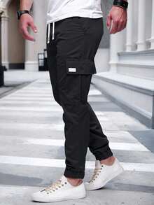 1 pièce Pantalon cargo simple à lacets devant avec poches pour adolescents garçons, en polyester, style léger, pour le port quotidien décontracté, printemps, été & automne, polyester léger - Noir - Voir 3
