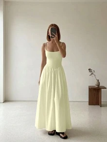 Gaun Kasual Musim Panas Warna Polos dengan Tali Bahu Tipis yang Elegan - Kuning muda - View 2