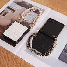 Luxurious Embossed Carved Embossed Floral Pattern Faux Leather Folding Phone Case With Hinge Protection Strap 1pc Faux Leather Pearl Floral Bracelet Phone Lanyard Compatible With Samsung Galaxy Z Flip 8/7/7FE/6/5/4 5G Foldable Phone Protective Cover - White - View 7