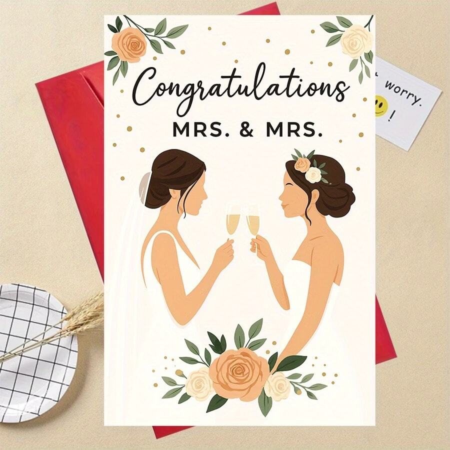 1pc Funny Gift - Elegant Congratulations Card For Lesbian Wedding Celebration, Perfect To Honor Newlywed Couples With Beautiful Floral Design